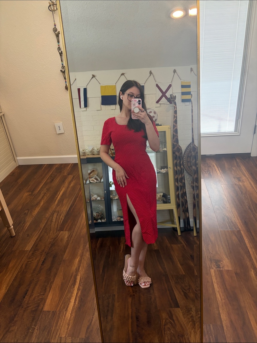 Vintage Red Polka Dot Midi Dress with Front Slit - Women